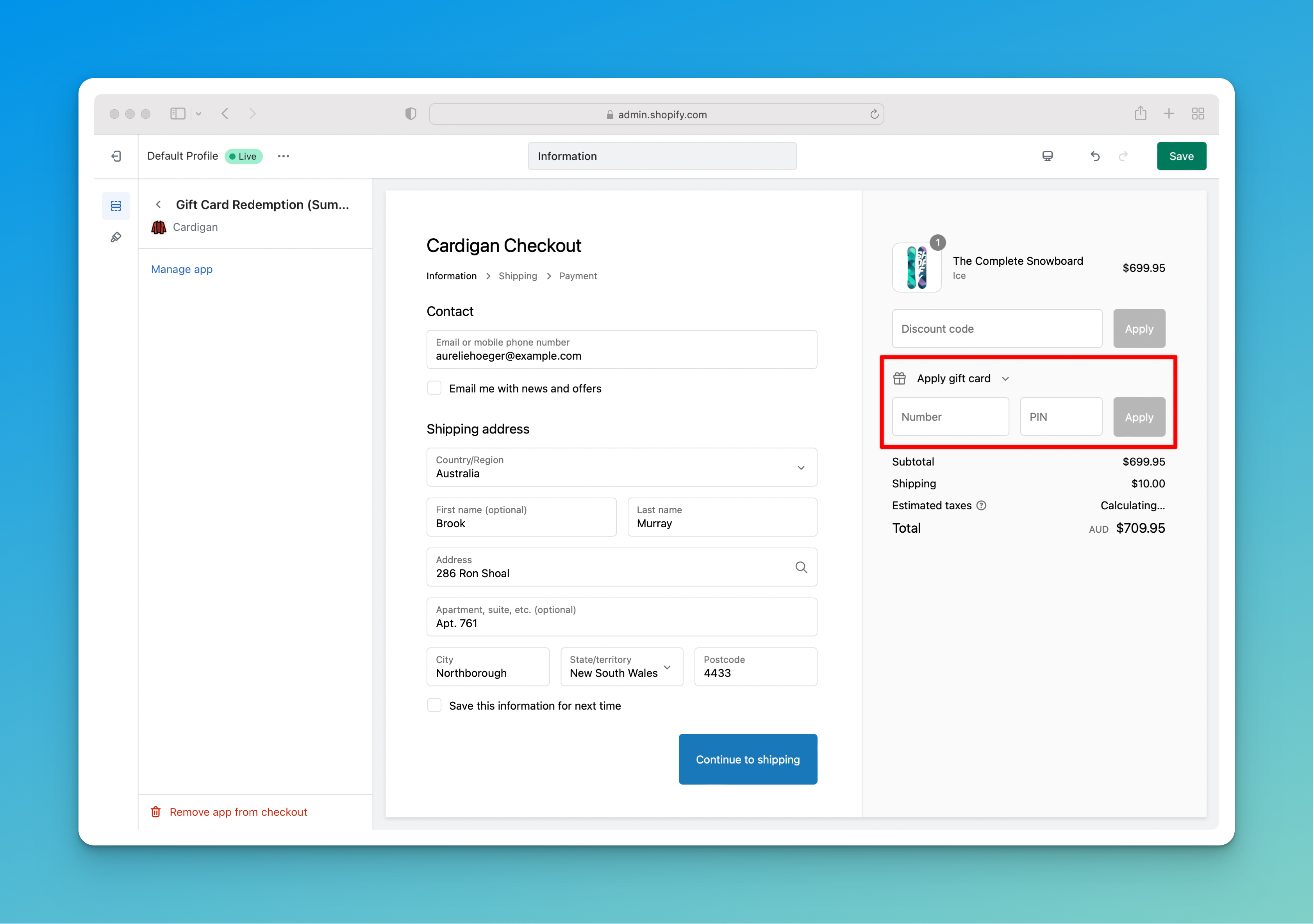 Screenshot of the Cardigan summary checkout extension in the Shopify checkout editor.