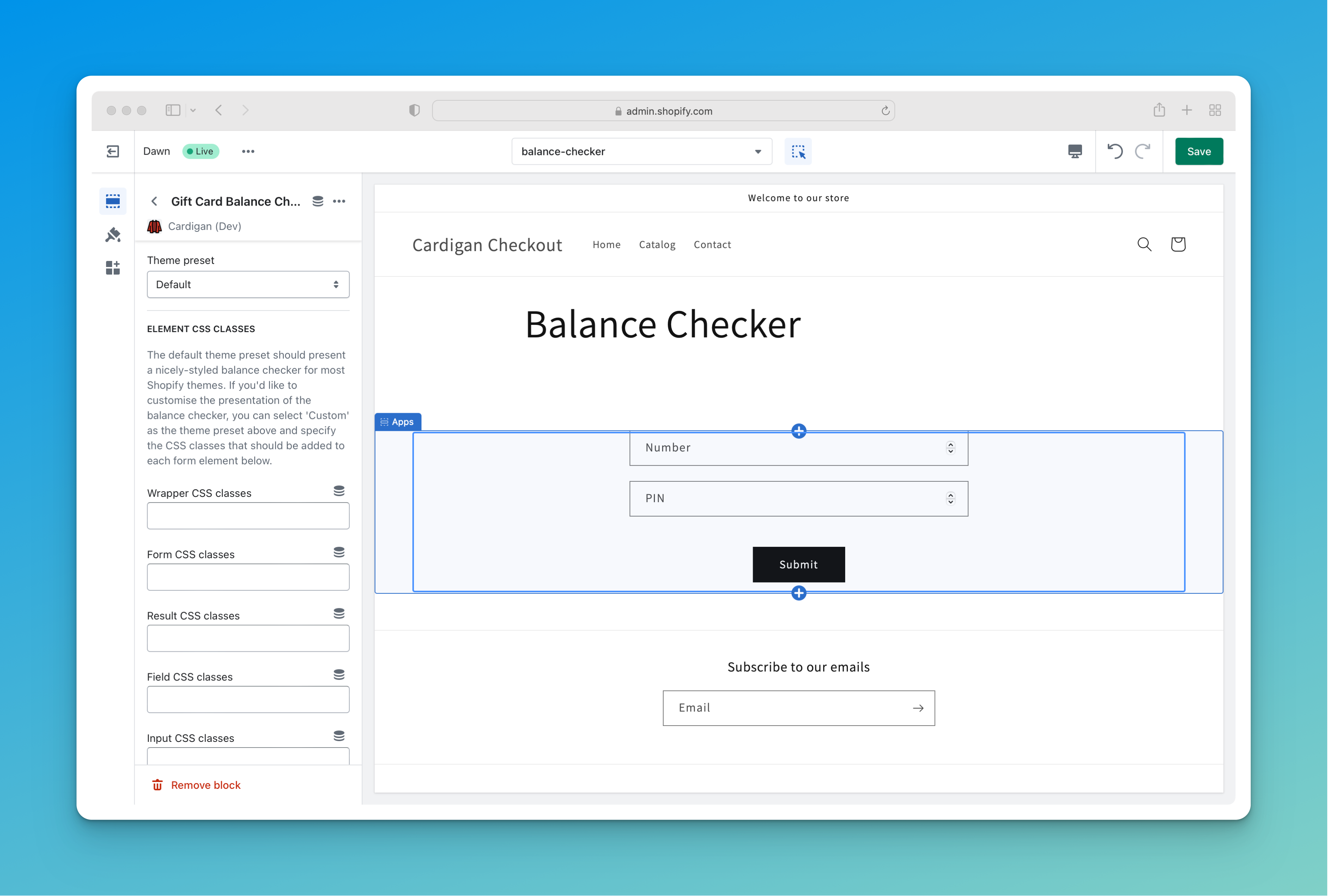 Screenshot of the Cardigan balance checker block in the Shopify theme customiser.