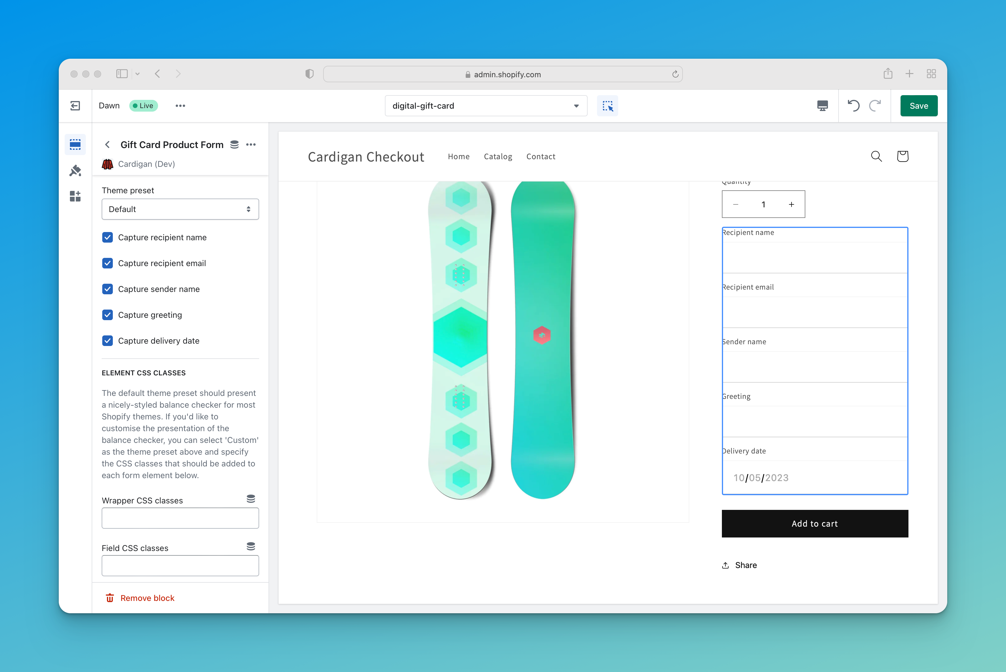 Screenshot of the Cardigan product form block in the Shopify theme customiser.